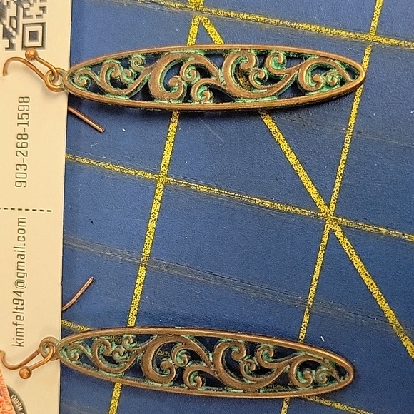 Turquoise Aged Copper Long Earrings - Picture 1 of 2